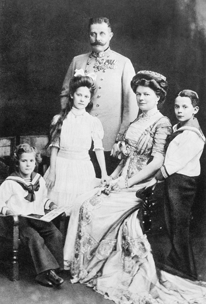 Franz Ferdinand with his wife Sophie and their three children from left to right, Prince Ernst von Hohenberg, Princess Sophie, and Maximilian, Duke of Hohenberg. 