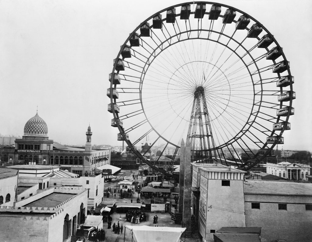 1893, Chicago, Illinois, USA --- Ferris Wheel and general overhead view of part of Chicago's World's Columbian Exposition. --- Image by © Bettmann/CORBIS